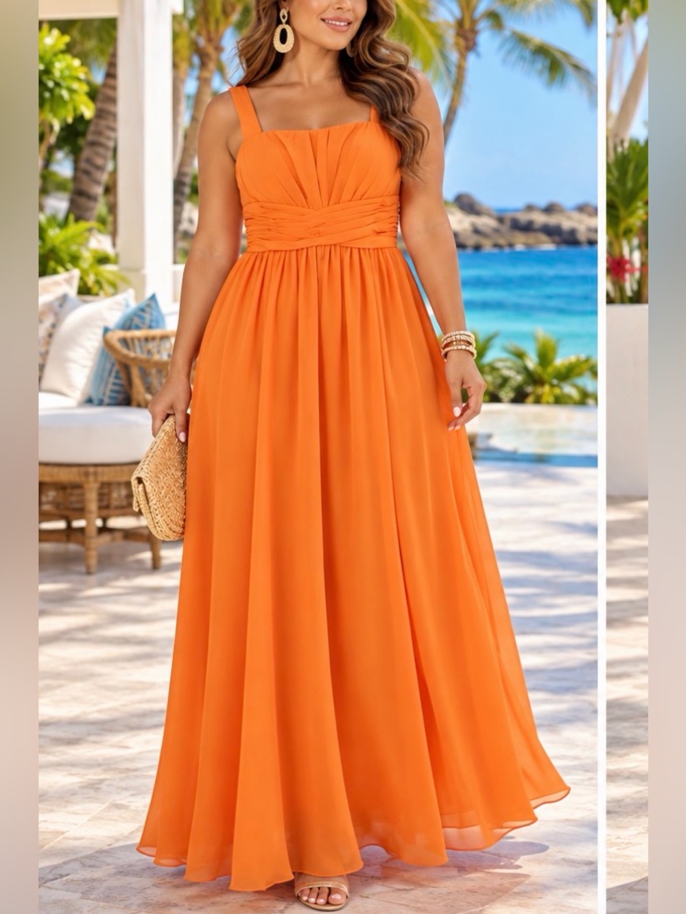 Elegant Orange Maxi Dress with Pleated Bodice. New without tag. Size 16